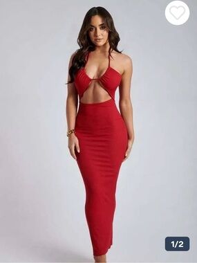 Meshki Maddie Ribbed Red Cutout Halter Maxi Dress